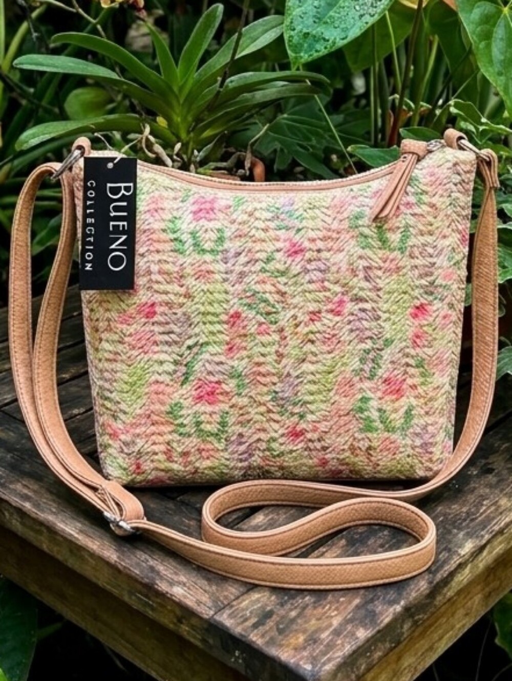 Bueno Floral Straw Double Top Zip Hobo Bag - NWT